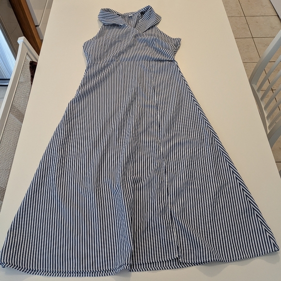 Rihoas Dresses & Skirts - Rihoas Blue White Striped Halter Maxi Dress Collared Wrap Bodice Slit Size L